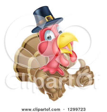Clipart of a Pleased Thanksgiving Turkey Bird Wearing a Pilgrim Hat and Giving a Thumb up - Royalty Free Vector Illustration by AtStockIllustration