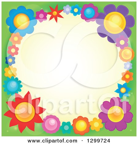 Clipart of a Border Made of Colorful Flowers Around Yellow on Green 4 - Royalty Free Vector Illustration by visekart