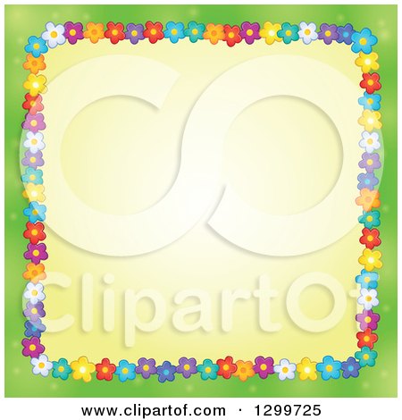 Clipart of a Border Made of Colorful Flowers Around Yellow on Green - Royalty Free Vector Illustration by visekart