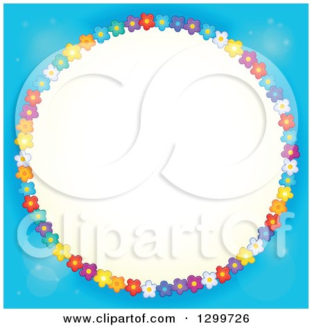 Clipart of a Round Frame Made of Colorful Flowers Around Yellow on Blue - Royalty Free Vector Illustration by visekart