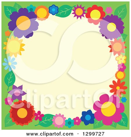 Clipart of a Border Made of Colorful Flowers Around Yellow on Green 3 - Royalty Free Vector Illustration by visekart