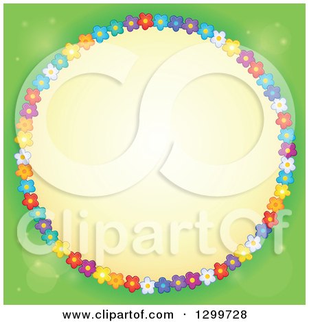 Clipart of a Round Frame Made of Colorful Flowers Around Yellow on Green - Royalty Free Vector Illustration by visekart
