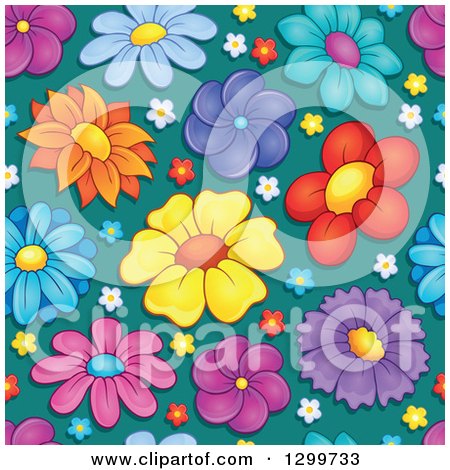 Clipart of a Seamless Colorful Flower Pattern Background on Teal - Royalty Free Vector Illustration by visekart