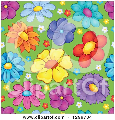 Clipart of a Seamless Colorful Flower Pattern Background on Green - Royalty Free Vector Illustration by visekart