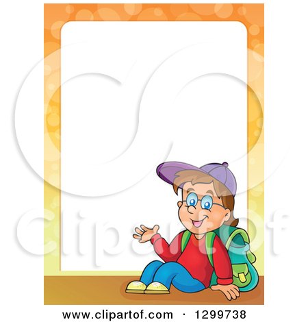 Clipart of a Cartoon Border of a Brunette White School Boy Sitting and Presenting - Royalty Free Vector Illustration by visekart