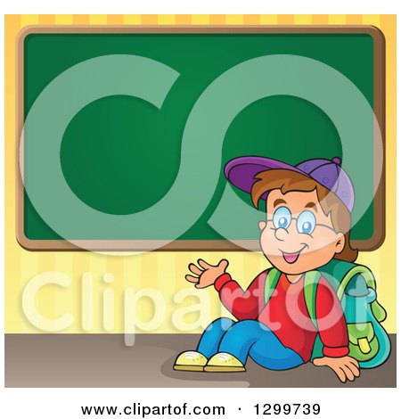 Clipart of a Cartoon Brunette White School Boy Sitting and Presenting a Chalkboard - Royalty Free Vector Illustration by visekart