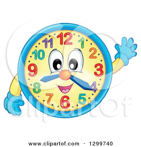 Clipart of a Happy Wall Clock Character Waving - Royalty Free Vector Illustration by visekart