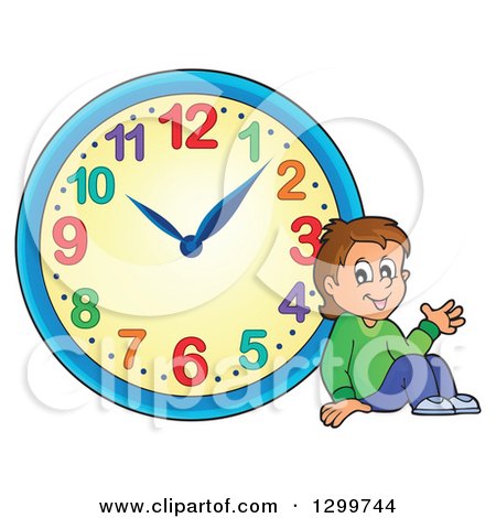 Clipart of a Boy Resting by a Wall Clock - Royalty Free Vector Illustration by visekart