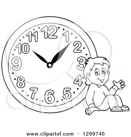 Clipart of a Black and White Boy Resting by a Wall Clock - Royalty Free Vector Illustration by visekart