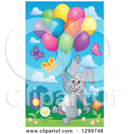 Clipart of a Gray Bunny Rabbit Floating with Colorful Party Balloons in a Spring Meadow - Royalty Free Vector Illustration by visekart