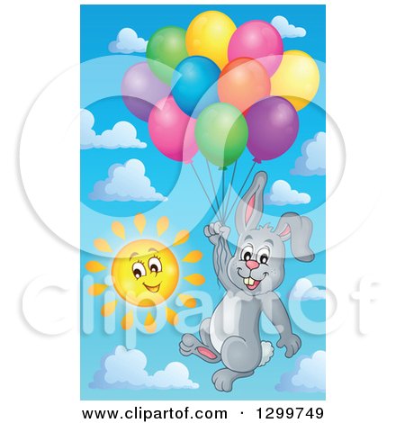 Clipart of a Gray Bunny Rabbit Floating with Colorful Patterned Party Balloons Against a Sky - Royalty Free Vector Illustration by visekart