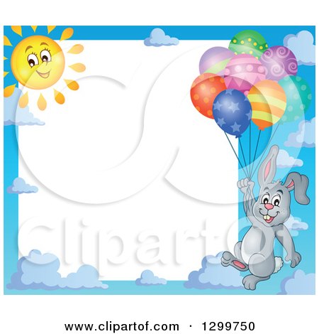 Clipart of a Border of a Sun and Gray Bunny Rabbit Floating with Colorful Patterned Party Balloons - Royalty Free Vector Illustration by visekart