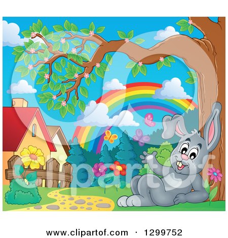 Clipart of a Gray Bunny Rabbit Resting in a Park with a Spring Rainbow and Butterflies - Royalty Free Vector Illustration by visekart