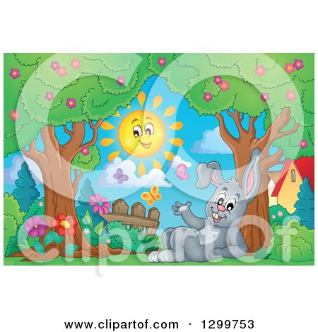 Clipart of a Gray Bunny Rabbit Resting in a Park with a Happy Sun - Royalty Free Vector Illustration by visekart