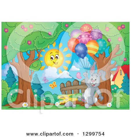 Clipart of a Gray Bunny Rabbit Floating with Colorful Patterned Party Balloons in a Park - Royalty Free Vector Illustration by visekart