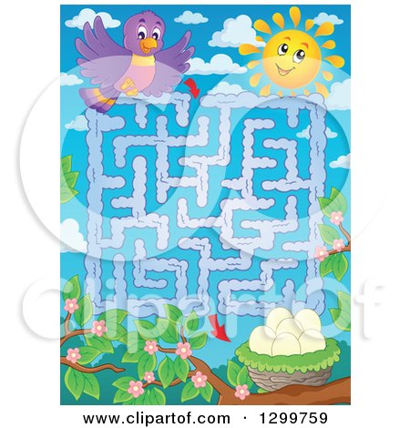 Clipart of a Bird, Sun and Nest Maze - Royalty Free Vector Illustration by visekart