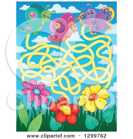 Clipart of a Butterfly and Flower Maze - Royalty Free Vector Illustration by visekart
