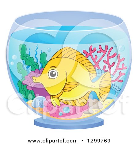 Clipart of a Happy Yellow Tang Fish and Corals in a Bowl - Royalty Free Vector Illustration by visekart