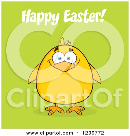 Clipart of a Cartoon Yellow Chick and Happy Easter Greeting on Green - Royalty Free Vector Illustration by Hit Toon
