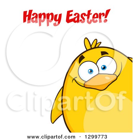 Clipart of a Cartoon Yellow Chick Under a Happy Easter Greeting - Royalty Free Vector Illustration by Hit Toon