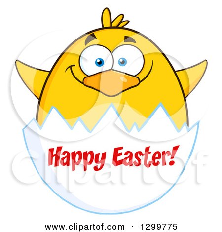 Clipart of a Cartoon Yellow Chick and Happy Easter Greeting on an Egg Shell - Royalty Free Vector Illustration by Hit Toon