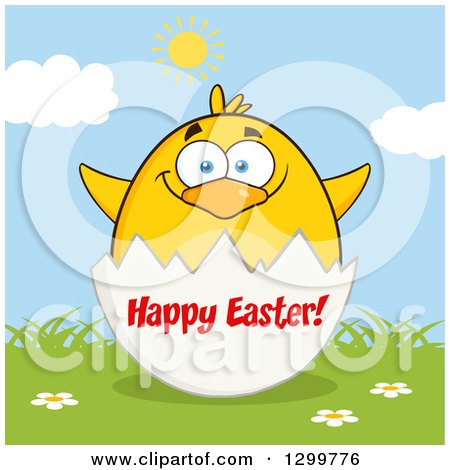 Clipart of a Cartoon Yellow Chick and Happy Easter Greeting on an Egg Shell on a Sunny Day 2 - Royalty Free Vector Illustration by Hit Toon