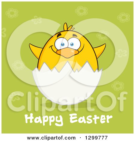Clipart of a Cartoon Yellow Chick and Happy Easter Greeting in an Egg Shell over Green - Royalty Free Vector Illustration by Hit Toon