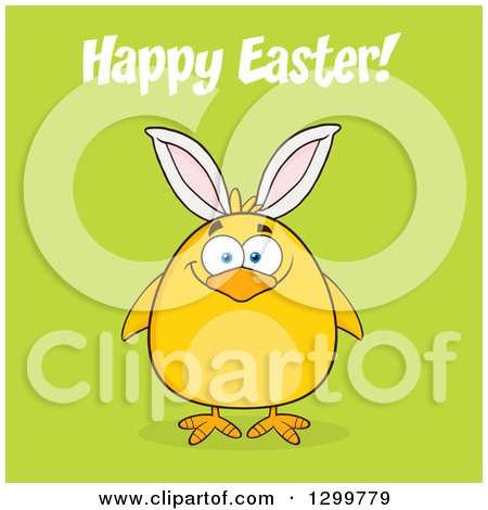 Clipart of a Cartoon Yellow Chick Wearing Bunny Ears with Happy Easter Text on Green - Royalty Free Vector Illustration by Hit Toon