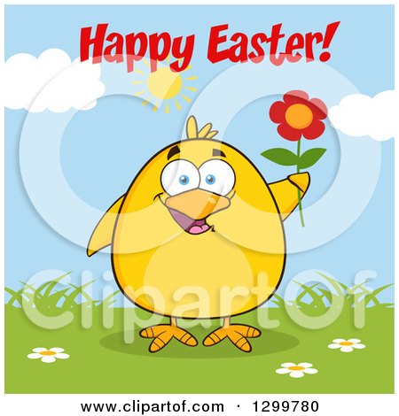 Clipart of a Cartoon Yellow Chick Holding a Flower and Happy Easter Greeting - Royalty Free Vector Illustration by Hit Toon