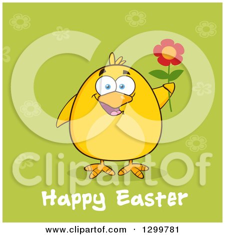 Clipart of a Cartoon Yellow Chick Holding a Flower over Green with Happy Easter Text - Royalty Free Vector Illustration by Hit Toon