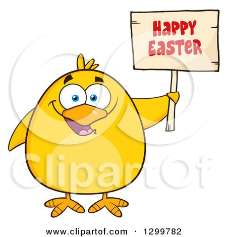 Clipart of a Cartoon Yellow Chick Holding a Happy Easter Sign - Royalty Free Vector Illustration by Hit Toon