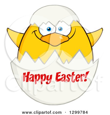 Clipart of a Cartoon Yellow Chick and Happy Easter Greeting on an Egg Shell 2 - Royalty Free Vector Illustration by Hit Toon