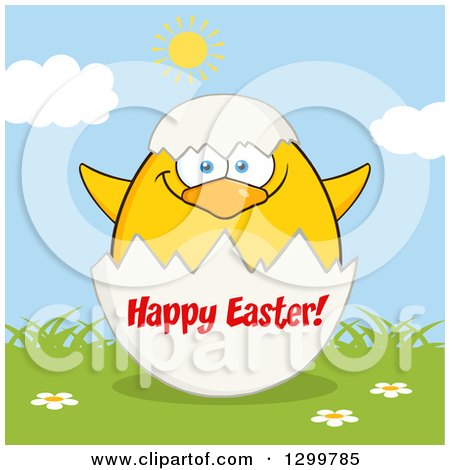 Clipart of a Cartoon Yellow Chick and Happy Easter Greeting on an Egg Shell on a Sunny Day - Royalty Free Vector Illustration by Hit Toon