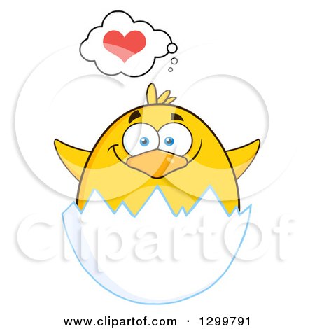 Clipart of a Cartoon Yellow Chick Hatching and Thinking About Love - Royalty Free Vector Illustration by Hit Toon
