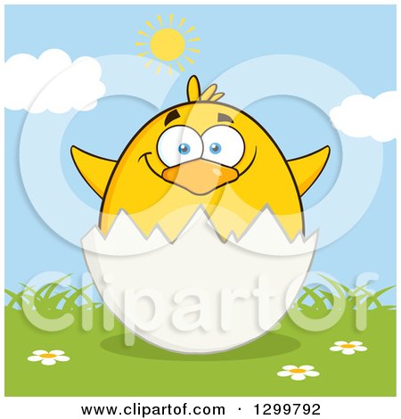 Clipart of a Cartoon Yellow Chick in an Egg Shell on a Sunny Day - Royalty Free Vector Illustration by Hit Toon