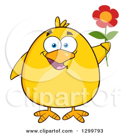 Clipart of a Cartoon Yellow Chick Holding a Flower - Royalty Free Vector Illustration by Hit Toon