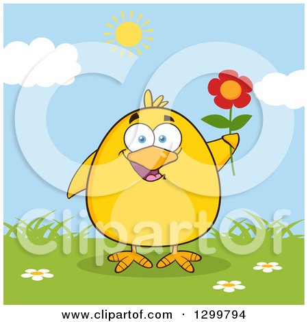 Clipart of a Cartoon Yellow Chick Holding a Flower on a Sunny Day - Royalty Free Vector Illustration by Hit Toon