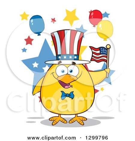 Clipart of a Cartoon Patriotic Yellow Chick Holding an American Flag - Royalty Free Vector Illustration by Hit Toon