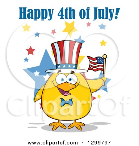 Clipart of a Cartoon Patriotic Yellow Chick Holding an American Flag Under Happy 4th of July Text - Royalty Free Vector Illustration by Hit Toon