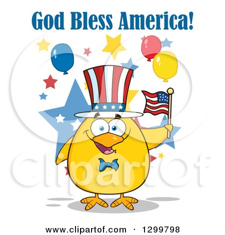 Clipart of a Cartoon Patriotic Yellow Chick Holding an American Flag Under God Bless America Text - Royalty Free Vector Illustration by Hit Toon