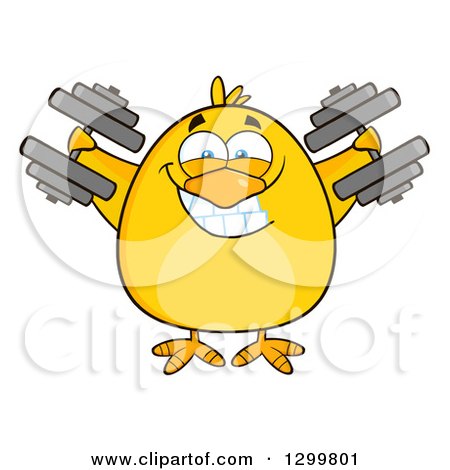 Clipart of a Cartoon Yellow Chick Working out with Dumbbells - Royalty Free Vector Illustration by Hit Toon