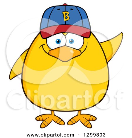 Clipart of a Cartoon Yellow Chick Waving and Wearing a Baseball Cap - Royalty Free Vector Illustration by Hit Toon