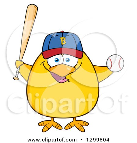 Clipart of a Cartoon Yellow Chick Wearing a Baseball Cap and Holding a Ball and Bat - Royalty Free Vector Illustration by Hit Toon