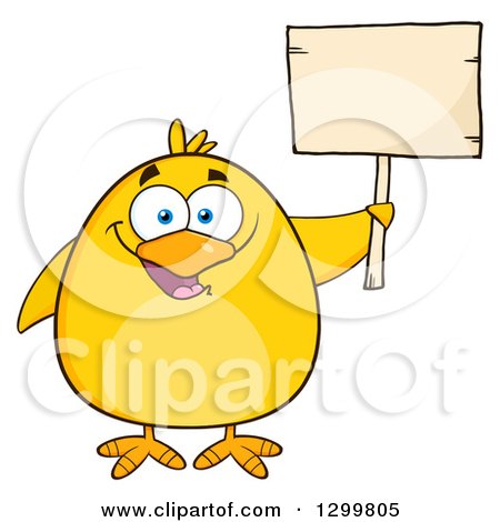 Clipart of a Cartoon Yellow Chick Holding a Blank Sign - Royalty Free Vector Illustration by Hit Toon