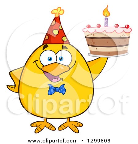 Clipart of a Cartoon Yellow Chick Wearing a Party Hat and Holding a Cake - Royalty Free Vector Illustration by Hit Toon