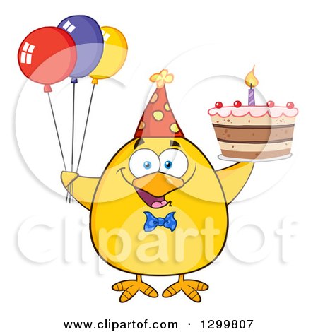 Clipart of a Cartoon Yellow Chick Wearing a Party Hat and Holding a Cake and Balloons - Royalty Free Vector Illustration by Hit Toon