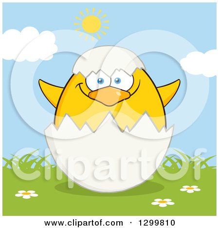 Clipart of a Cartoon Yellow Chick Hatching from an Egg on Grass - Royalty Free Vector Illustration by Hit Toon