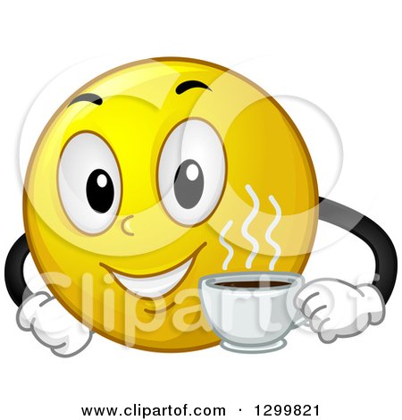 Clipart of a Cartoon Yellow Smiley Face Emoticon Holding a Cup of Coffee - Royalty Free Vector Illustration by BNP Design Studio