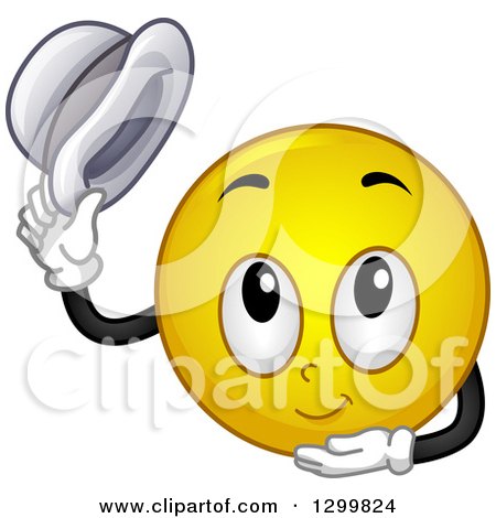 Clipart of a Cartoon Yellow Smiley Face Emoticon Bowing and Holding His Hat - Royalty Free Vector Illustration by BNP Design Studio