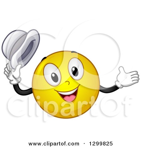 Clipart of a Cartoon Yellow Smiley Face Emoticon Welcoming and Holding His Hat - Royalty Free Vector Illustration by BNP Design Studio